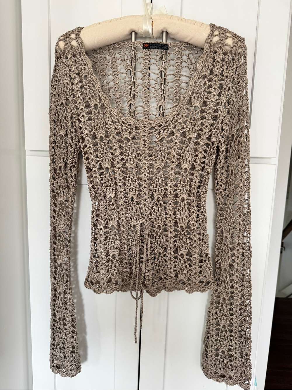 Parasuco Taupe Crochet Tie-Waist Long Bell Sleeve Top